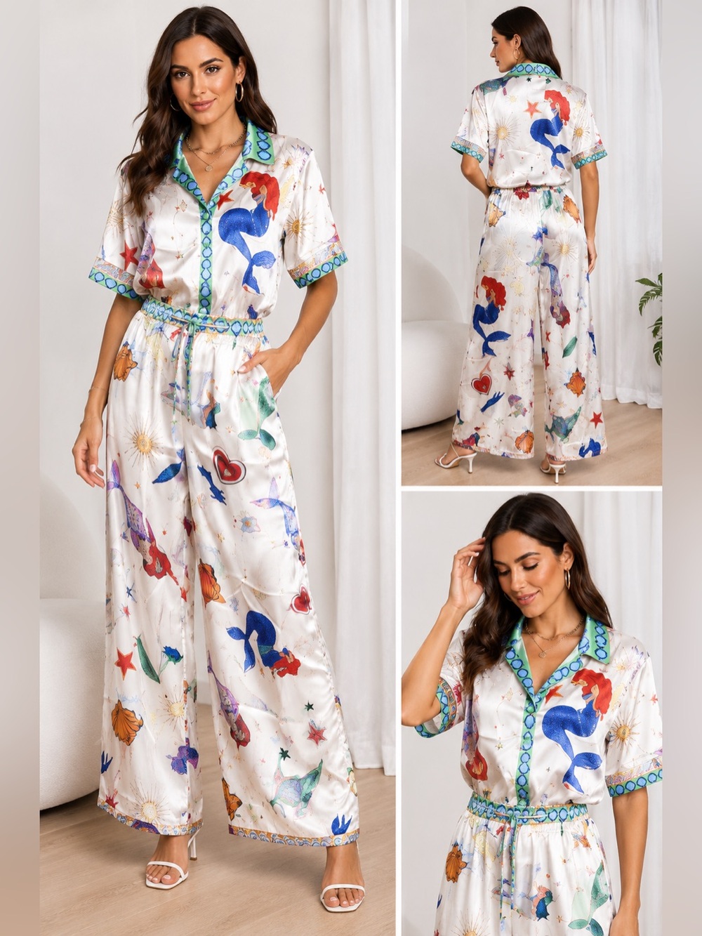 Endless Mcon Mermaid Celestial Satin 2 Piece Pant Set Small NWT